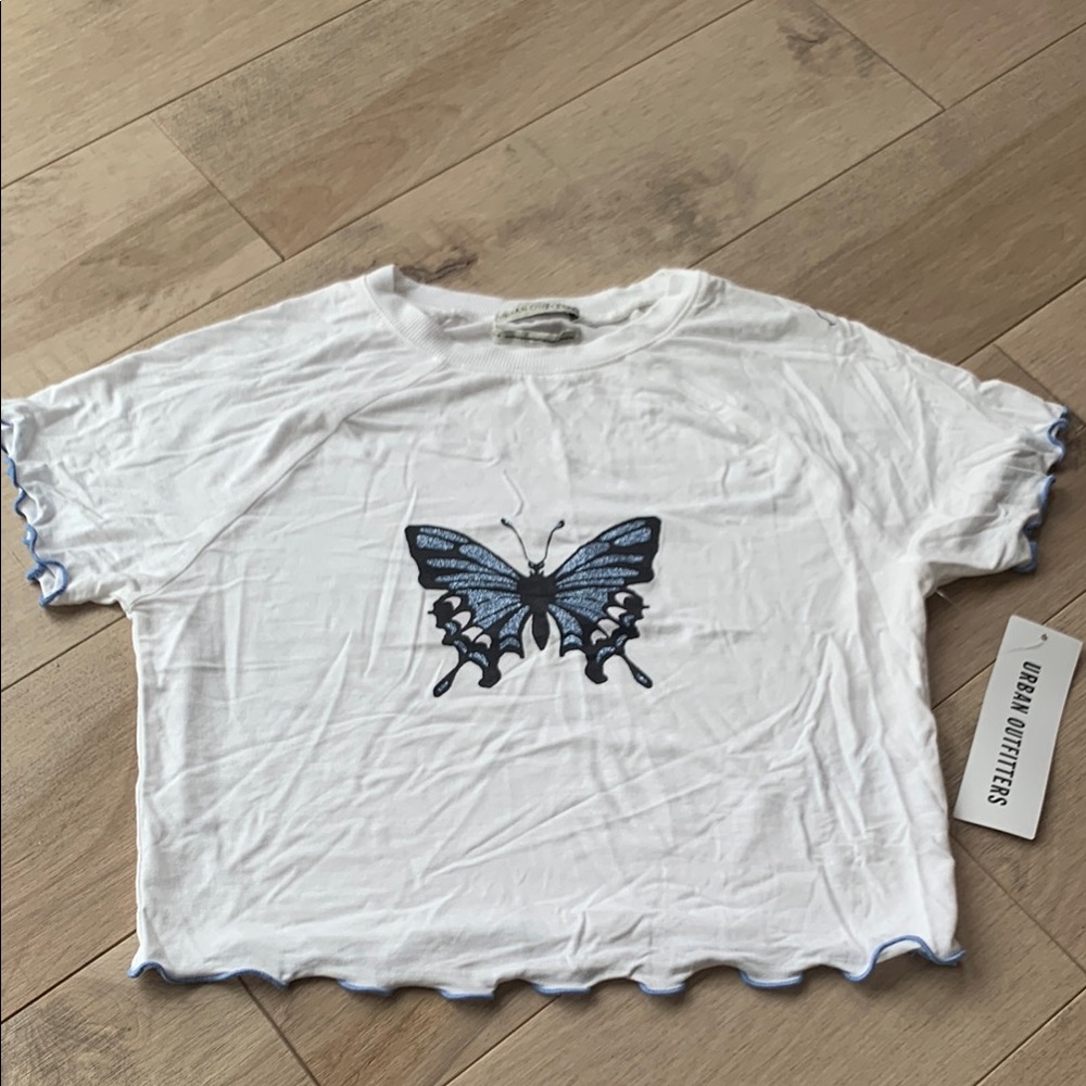 Urban Outfitters White T-Shirt with Blue Butterfly Design
